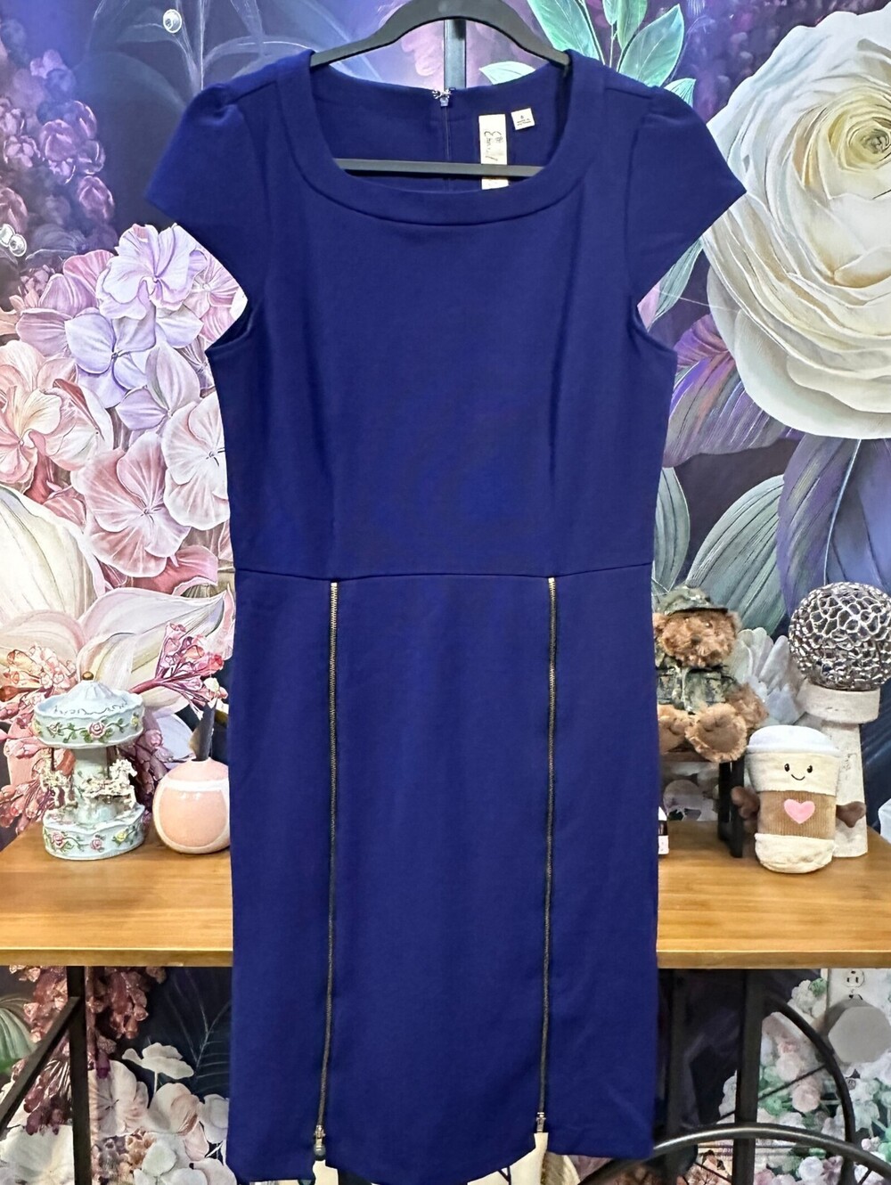 Emma & Michele 8 Sheath Dress Cap Sleeve Exposed Zip Modern Office Blue